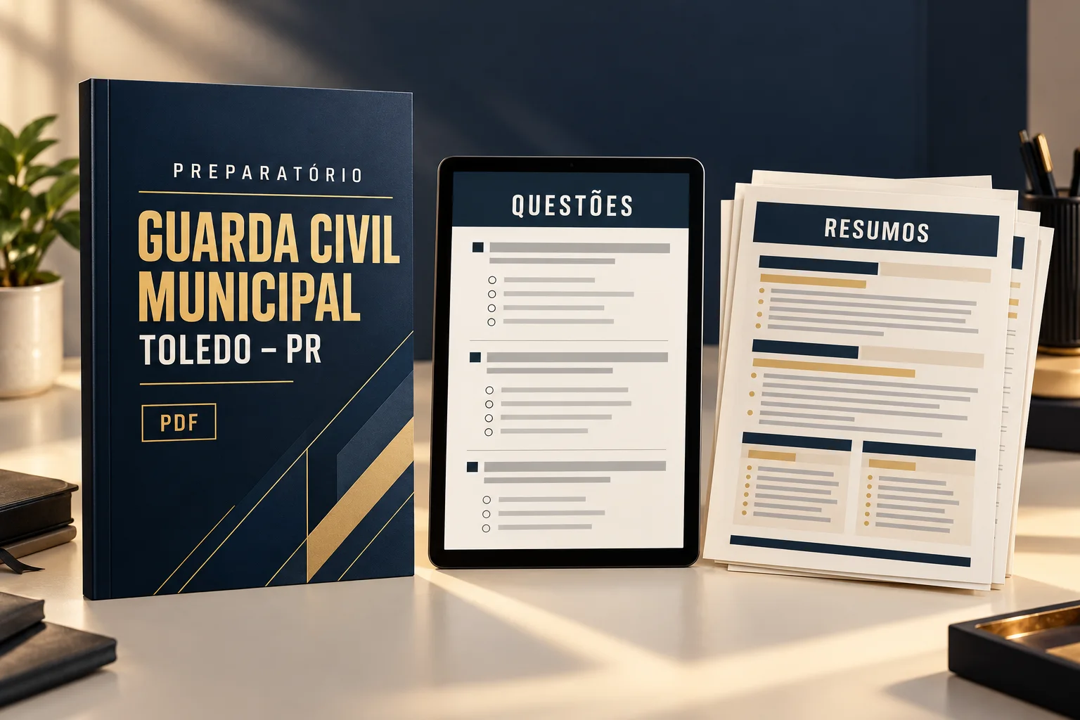 Apresentação ilustrativa do preparatório: capa de apostila azul-marinho e dourada, tablet com representação de questões e folhas de resumos.